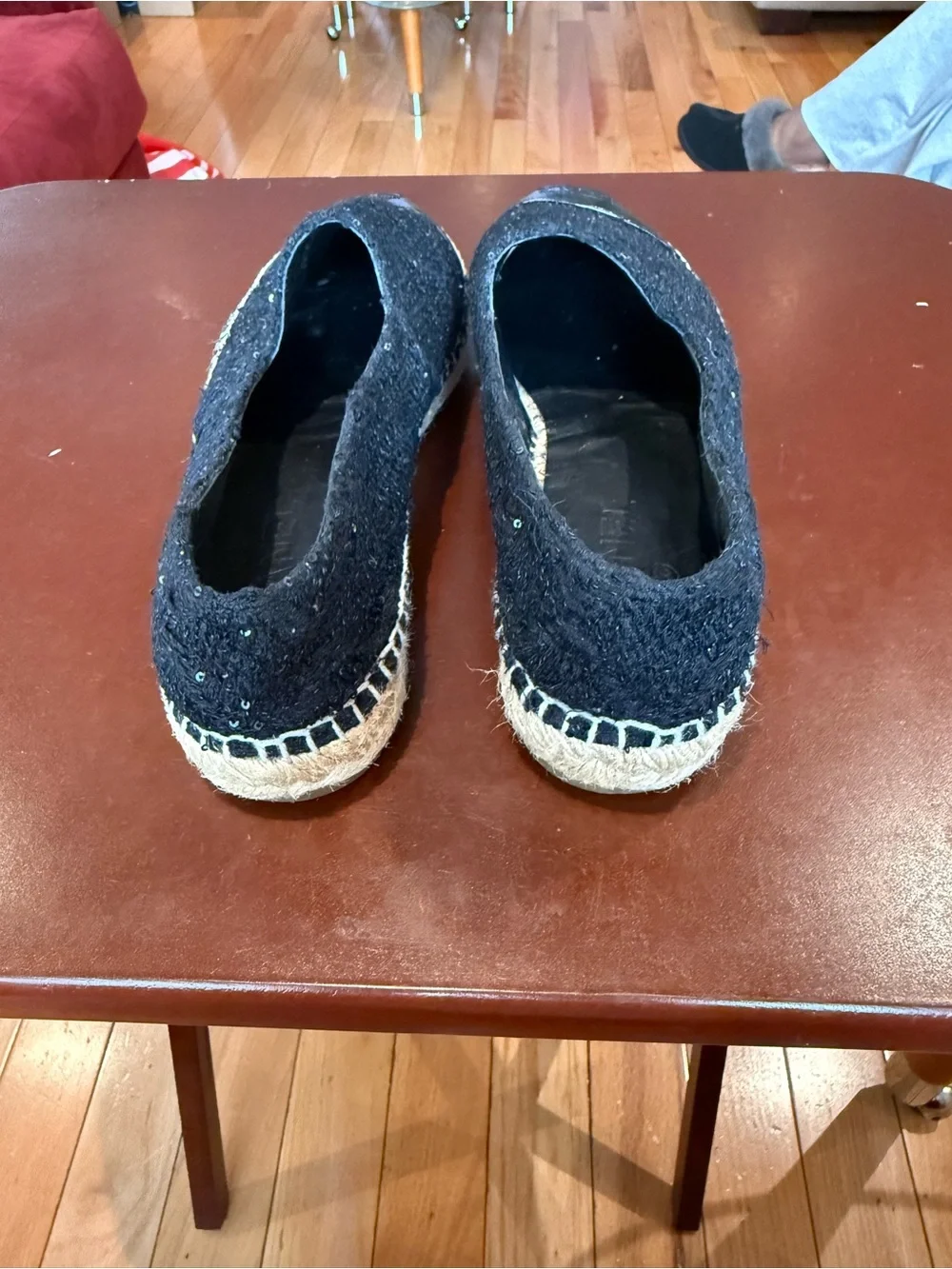 Authentic Chanel Black Sequin Espadrille Flats - Designer Logo Cap Toe
